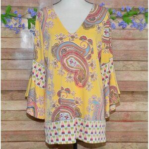 Melissa Paige Ladies XL Butter Yellow 3/4 Sleeve V-Neck Tunic Blouse Top Hippie
